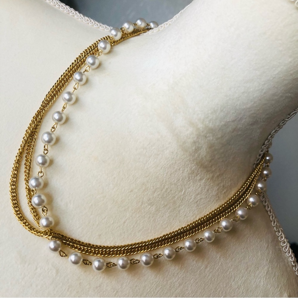 Vintage triple strand gold simulated pearl chain necklace and bracelet set